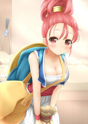 Rule 34 | 1girl, backpack, bag, bare arms, bare shoulders, blue vest, blush, breasts, brown eyes, cleavage, closed mouth, collarbone, commentary request, cowboy shot, dragon quest, dragon quest iii, dress, hair between eyes, high ponytail, holding, holding sack, jampen, jewelry, leaning forward, looking at another, looking at viewer, medium breasts, merchant (dq3), open mouth, pink hair, sack, sash, sharp teeth, shield, shiny skin, short hair, shoulder bag, smile, standing, strapless, strapless dress, teeth, vest, white dress, wristband