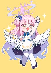 Rule 34 | 1girl, absurdres, angel wings, arm up, black footwear, black scrunchie, blue archive, blush, capelet, concha (mamecha), crescent, crescent pin, dress, feathered wings, flower, full body, hair bun, hair flower, hair ornament, halo, highres, long hair, looking at viewer, mika (blue archive), open mouth, pantyhose, pink hair, pink halo, purple flower, scrunchie, shoes, simple background, single side bun, smile, solo, white capelet, white dress, white pantyhose, white wings, wings, wrist scrunchie, yellow background, yellow eyes