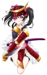 Rule 34 | 1girl, armor, black hair, breastplate, collarbone, d-artemisatto, eye contact, floating hair, full body, holding, holding sheath, holding sword, holding weapon, japanese armor, katana, long hair, looking at another, looking at viewer, love live!, love live! school idol festival, love live! school idol project, midriff, sheath, smile, solo, stomach, sword, transparent background, twintails, weapon, yazawa nico
