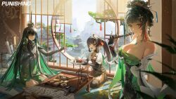 Rule 34 | 3girls, absurdres, architecture, calligraphy, calligraphy brush, chinese clothes, cup, east asian architecture, hanying (punishing: gray raven), highres, looking at viewer, multiple girls, official art, outside border, paintbrush, pulao (punishing: gray raven), punishing: gray raven, qu: pavo (punishing: gray raven), serving drinks, serving tray, tassel, teacup, teapot, twitter
