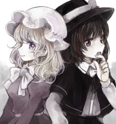 Rule 34 | 2girls, :o, back-to-back, black capelet, black headwear, black skirt, blonde hair, bow, bowtie, brown eyes, brown hair, capelet, closed mouth, commentary, dress, eyebrows hidden by hair, finger to mouth, fingernails, front ponytail, hand up, hat, hat ribbon, long sleeves, looking to the side, maribel hearn, medium hair, mob cap, mozukuzu (manukedori), multiple girls, open mouth, purple dress, purple eyes, ribbon, shirt, short hair, short ponytail, simple background, skirt, smile, teeth, touhou, upper body, usami renko, wavy hair, white background, white bow, white bowtie, white headwear, white ribbon, white shirt
