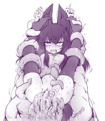 Rule 34 | 1girl, animal ears, bottomless, censored, drooling, highres, kanaya azami, legs over head, legs up, monochrome, monster, mosaic censoring, no shoes, open mouth, restrained, sakifox, tail, tentacles, tentacle sex, tentacles, thighhighs, vaginal