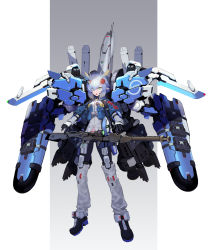 Rule 34 | 1girl, black gloves, blue hair, ex-s gundam, gloves, green eyes, gun, gundam, gundam sentinel, hair ornament, headset, highres, looking at viewer, nakamura eight, open hands, open mouth, personification, pointy ears, rifle, short hair, sniper rifle, scope, solo, strap, v-shaped eyebrows, vernier thrusters, weapon