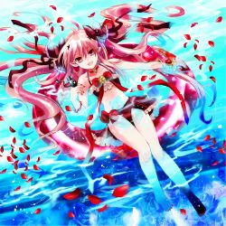 Rule 34 | 10s, 1girl, artist request, bad id, bad pixiv id, bikini, black ribbon, collarbone, fang, fingernails, hair ornament, hair ribbon, krul tepes, long hair, looking at viewer, navel, open mouth, owari no seraph, partially submerged, petals, pink hair, pointy ears, red bikini, red eyes, ribbon, solo, swimsuit