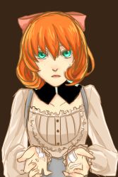 Rule 34 | 1girl, bow, brown background, damaged, dress, green eyes, open mouth, orange hair, penny polendina, rosolite, rwby, simple background, solo