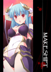 Rule 34 | 1girl, 47agdragon, blue hair, breasts, demon girl, elbow gloves, covered erect nipples, gloves, horns, medium breasts, navel, original, pointy ears, red eyes, solo