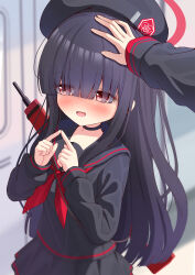 Rule 34 | 1girl, azel (laevateinn495), black hair, blue archive, blurry, blurry background, blush, commentary request, fidgeting, gun, halo, headpat, highres, hime cut, justice task force member (blue archive), long hair, pov, pov hands, red eyes, rifle, school uniform, solo focus, weapon