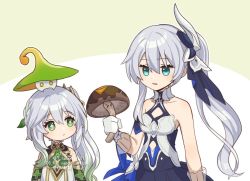 Rule 34 | 2girls, aqua eyes, bare arms, bare shoulders, blue dress, breasts, closed mouth, commentary, crossover, dot nose, dress, flat chest, fungi (genshin impact), genshin impact, gloves, green eyes, green hair, grey hair, hair between eyes, hair ornament, holding, honkai (series), honkai impact 3rd, long hair, looking at another, mihoyo, multicolored hair, multiple girls, mushroom, nahida (genshin impact), parted lips, pointy ears, ponytail, shiitake, simple background, small breasts, streaked hair, tamakibi, theresa apocalypse, theresa apocalypse (twilight paladin), upper body, white gloves