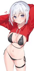 Rule 34 | 1girl, :q, alternate costume, arms up, bikini, black bikini, blush, breasts, contrapposto, cowboy shot, cropped sweater, hands up, heart, highres, honkai: star rail, honkai (series), large breasts, looking at viewer, navel, plo1154, purple eyes, red sweater, side-tie bikini bottom, simple background, solo, stomach, sweater, swimsuit, thigh strap, tongue, tongue out, topaz (honkai: star rail), white background, white hair