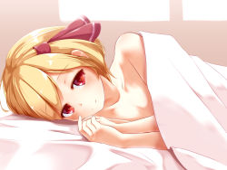 Rule 34 | 1girl, bad id, bad pixiv id, bed, bed sheet, blonde hair, blush, hair ribbon, hairband, highres, long hair, looking at viewer, lying, nude, on side, pokio, red eyes, ribbon, rumia, smile, solo, touhou