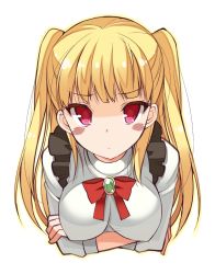 Rule 34 | 1girl, blonde hair, blush, blush stickers, bow, bowtie, breasts, closed mouth, covered erect nipples, crossed arms, frown, gem, highres, impossible clothes, long hair, long sleeves, looking at viewer, medium breasts, ohta yuichi, outline, red bow, red bowtie, red eyes, shirt, simple background, solo, suspenders, tokyo 7th sisters, twintails, uesugi u. kyouko, upper body, white background, white shirt, yellow outline