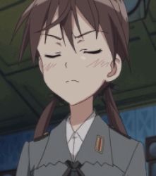 Rule 34 | angry, animated, animated gif, brown hair, closed eyes, gertrud barkhorn, hair ribbon, lowres, military, military uniform, ribbon, screencap, solo, strike witches, twintails, uniform, world witches series