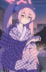 Rule 34 | 1girl, blue archive, blue bow, blush, bow, checkered clothes, checkered kimono, city, cityscape, facing viewer, fang, fireworks, flower, hair between eyes, hair bow, hair flower, hair ornament, halo, highres, holding, holding fireworks, japanese clothes, kimono, kneeling, koyuki (blue archive), long hair, long sleeves, looking down, night, pink eyes, pink hair, reia 76, smile, solo, sparkler, star-shaped pupils, star (symbol), symbol-shaped pupils, twintails, very long hair, white flower, wide sleeves