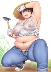 Rule 34 | 1girl, arm up, armpits, blue pants, blush, breasts, brown eyes, brown hair, character request, copyright request, covered erect nipples, foot out of frame, gloves, hair between eyes, hat, highres, holding, holding shovel, large breasts, looking at viewer, midriff, navel, one eye closed, open mouth, orizen, outdoors, pants, plump, puffy nipples, short hair, shovel, solo, squatting, sweat, tank top, tareme, thick arms, thick thighs, thighs, trowel, white background, white gloves