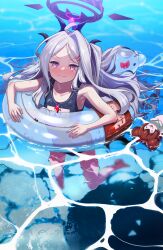 Rule 34 | 1girl, absurdres, afloat, ahoge, armpits, blue archive, blush, character doll, demon girl, demon horns, demon wings, forehead, hair ornament, hairclip, halo, highres, hina (blue archive), hina (swimsuit) (blue archive), horns, in water, innertube, long hair, looking at viewer, name tag, nazomaki (blue archive), ocean, official alternate hairstyle, old school swimsuit, one side up, parted bangs, school swimsuit, sidelocks, sleeveless, solo, suppa (hagakuresuppa), sweatdrop, swim ring, swimming, swimsuit, translation request, wavy hair, wavy mouth, whistle, whistle around neck, wings
