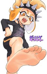 Rule 34 | 1girl, barefoot, feet, foot focus, highres, inkling player character, nintendo, open mouth, oyatsu (mk2), shorts, soles, solo, splatoon (series), splatoon 2, toes, white background, yellow eyes