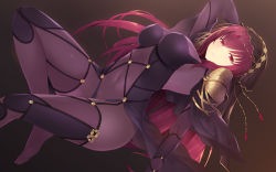 Rule 34 | 1girl, armor, bodysuit, breasts, cait aron, circlet, commentary, covered navel, fate/grand order, fate (series), highres, jewelry, large breasts, long hair, pauldrons, purple bodysuit, purple hair, red eyes, scathach (fate), shoulder armor, solo, veil