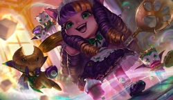 Rule 34 | 1girl, :d, alternate costume, apron, bell, blonde hair, bow, bowtie, cafe cuties (league of legends), croissant, cupcake, dress, food, full body, green bow, green bowtie, green eyes, highres, holding, holding tray, league of legends, lulu (league of legends), monkae (m0nkaeee), multicolored hair, neck bell, open mouth, purple dress, purple hair, red lips, shoes, smile, solo, tray, two-tone hair, waist apron, white apron, window, yordle