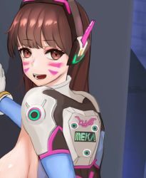Rule 34 | 1boy, 1girl, against wall, animated, ass, bottomless, bouncing breasts, breasts, brown eyes, brown hair, censored, d.va (overwatch), facial mark, gloves, headset, hetero, highres, long hair, looking back, nipples, overwatch, overwatch 1, penis, rinhee, sex, sex from behind, tagme, vaginal, video, white gloves