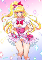 Rule 34 | 1girl, asahina mirai, blonde hair, blush, bow, breasts, cleavage, cleavage cutout, clothes lift, clothing cutout, covered erect nipples, cure miracle, earrings, gloves, hair bow, hat, jewelry, joy ride, large breasts, long hair, looking at viewer, magical girl, mahou girls precure!, mini hat, mini witch hat, panties, pink hat, pink panties, ponytail, precure, purple eyes, pussy, pussy peek, skirt, skirt lift, solo, underwear, white gloves, witch hat
