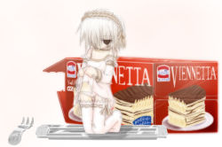 Rule 34 | 1girl, cake, food, fork, ice cream, in food, mascot, mini person, minigirl, nananana nanana, on plate, plate, product placement, simple background, solo, viennetta, white background
