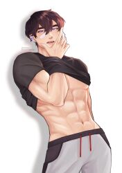 Rule 34 | 1boy, abs, black hair, black shirt, character request, clothes lift, commentary, english commentary, g0mmi, grey pants, guilty challenge (meme), highres, male focus, meme, muscular, muscular male, navel, pants, purple eyes, shirt, shirt lift, short hair, simple background, solo, stomach, valorant, white background