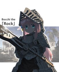 Rule 34 | 1girl, absurdres, armor, blue eyes, bocchi the rock!, closed mouth, cosplay, cube hair ornament, dark souls (series), dark souls i, english text, full armor, gauntlets, gotoh hitori, guitar, hair between eyes, hair ornament, havel the rock, havel the rock (cosplay), helmet, highres, holding, holding instrument, instrument, long hair, myjet, name connection, outline, pauldrons, pink hair, shoulder armor, solo, visor (armor), white outline