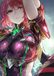 Rule 34 | 1girl, arm up, breasts, highres, large breasts, looking at viewer, nintendo, pyra (xenoblade), red eyes, red hair, shiny clothes, signo aaa, skin tight, solo, upper body, xenoblade chronicles (series), xenoblade chronicles 2