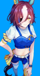 Rule 34 | 1girl, absurdres, animal ears, arm strap, asymmetrical legwear, belt, black choker, blue background, blue eyes, blue shirt, blue shorts, breasts, choker, closed mouth, commentary request, ear ornament, eyepatch, facial tattoo, from above, groin, hand on own hip, highres, horse ears, horse girl, horse tail, light blush, looking at viewer, medium breasts, midriff, mismatched legwear, multicolored hair, navel, official alternate costume, pitsugi, puffy short sleeves, puffy sleeves, shirt, short sleeves, shorts, simple background, skirt, smile, solo, streaked hair, tail, tanino gimlet (umamusume), tattoo, thighhighs, umamusume, umayuru, white belt, white hair, white skirt, white thighhighs, wrist belt, yellow thighhighs, zettai ryouiki