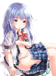 Rule 34 | 1girl, blue hair, bow, checkered clothes, checkered skirt, clothes pull, female focus, hinanawi tenshi, long hair, looking at viewer, midriff, no bra, no headwear, no headwear, open clothes, open shirt, open skirt, panties, red eyes, roshia nise mango, shirt, short sleeves, sitting, skirt, skirt pull, smile, solo, touhou, underwear, undressing, white panties