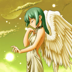 Rule 34 | 1girl, angel wings, backless dress, backless outfit, bare back, bare shoulders, blush, closed eyes, cloud, collar, dress, flat chest, full moon, glowing, green hair, hair between eyes, halterneck, hand on own chest, light, long hair, looking down, moon, original, outdoors, outstretched arm, profile, signature, sky, solo, standing, tomomimi shimon, wings