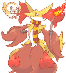 Rule 34 | 1other, akadako, animal ear fluff, animal ears, animal nose, black eyes, body fur, closed mouth, clothed pokemon, creatures (company), delphox, envelope, eye contact, fire, fox ears, fox tail, full body, furry, game freak, gen 6 pokemon, gen 7 pokemon, half-closed eyes, hands up, happy, harry potter (series), holding, holding stick, looking at another, mouth hold, multicolored clothes, multicolored scarf, nintendo, one-hour drawing challenge, other focus, pokemon, pokemon (creature), red eyes, red fur, red scarf, rowlet, scarf, simple background, smile, snout, standing, stick, striped clothes, striped scarf, tail, white background, white fur, wizarding world, yellow fur, yellow scarf