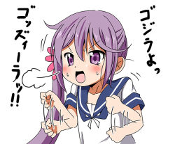 Rule 34 | 10s, 1girl, akebono (kancolle), flower, hair flower, hair ornament, kantai collection, long hair, open mouth, purple eyes, purple hair, school uniform, shino (ponjiyuusu), side ponytail, simple background, solo, translated, waving arms, white background