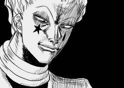 Rule 34 | . ., 1boy, absurdres, black background, facepaint, highres, hisoka morow, hunter x hunter, looking down, monochrome, nakabe815, sketch, solo, upper body