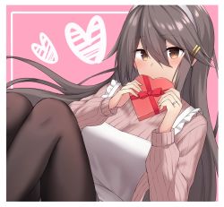 Rule 34 | 1girl, akahi242, alternate costume, apron, black hair, black pantyhose, box, brown eyes, commentary request, grey sweater, hair ornament, hairband, hairclip, haruna (kancolle), heart, holding, jewelry, kantai collection, long hair, looking at viewer, pantyhose, pink background, ribbed sweater, ring, solo, sweater, wedding band, white apron, white hairband