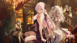 Rule 34 | 5girls, absurdres, anniversary, back, backless dress, backless outfit, bare legs, black dress, blonde hair, breasts, character request, cocktail dress, dark skin, dress, evening gown, flower, from side, girls&#039; frontline, green hair, grey hair, hair flower, hair ornament, halter dress, halterneck, highres, indoors, long hair, looking at viewer, looking to the side, medium breasts, multiple girls, official art, official wallpaper, pink hair, sideboob, sitting, sleeveless, sleeveless dress, stairs, turning head, twintails, white dress, white hair
