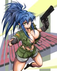 Rule 34 | 1girl, black gloves, blue hair, bra, breasts, character name, cleavage, cropped jacket, dew (dewichi), earrings, gloves, green eyes, gun, handgun, jacket, jewelry, large breasts, leona heidern, long hair, m1911, midriff, navel, open clothes, open jacket, pistol, ponytail, running, shorts, solo, strapless, strapless bra, suspenders, the king of fighters, underwear, weapon