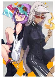 Rule 34 | 2girls, absurdres, altera (fate), altera (traveling outfit) (fate), back-to-back, bare shoulders, black dress, black footwear, black shirt, black shorts, blush, breasts, candy, closed mouth, clothing cutout, dark-skinned female, dark skin, dress, eyewear on head, fate/extella, fate/extra, fate/grand order, fate (series), food, helena blavatsky (fate), helena blavatsky (festival outfit) (fate), heroic spirit festival outfit, highres, jacket, lollipop, long hair, long sleeves, looking at viewer, looking over eyewear, looking over glasses, multiple girls, nanakaku, one eye closed, open mouth, purple eyes, purple hair, red-tinted eyewear, red-tinted glasses, red eyes, shirt, short hair, shorts, shoulder cutout, small breasts, smile, speaker, sunglasses, thighs, tinted eyewear, veil, visor cap, white hair, white jacket