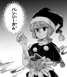Rule 34 | 1girl, :3, anarogumaaa, apron, blob, capelet, doremy sweet, eyebrows, gradient background, greyscale, hat, hunter x hunter, looking at viewer, monochrome, nightcap, pom pom (clothes), shaded face, smile, solo, touhou, translation request, turtleneck, upper body, waist apron