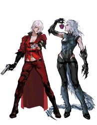 Rule 34 | 2girls, absurdres, black gloves, blue eyes, blue saden, breasts, coat, dante (devil may cry), devil may cry (series), ebony (devil may cry), fingerless gloves, genderswap, genderswap (mtf), gloves, gun, hair over one eye, highres, holding, holding weapon, ivory (devil may cry), jacket, medium breasts, multiple girls, simple background, smile, vergil (devil may cry), weapon, white hair