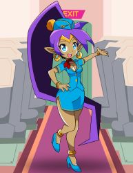 Rule 34 | 1girl, blue eyes, bracelet, datwondoude, earrings, flight attendant, hand on own hip, high heels, highres, jewelry, open mouth, pencil skirt, pointy ears, ponytail, red scarf, scarf, shantae, shantae (series), skirt, smile, solo, tiara, travel attendant