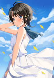 Rule 34 | 1girl, :o, ahoge, arm up, bad id, bad pixiv id, bare arms, bare shoulders, black hair, blue eyes, blue sailor collar, blue sky, blush, braid, cloud, commentary request, cowboy shot, day, dress, hair ornament, hand in own hair, highres, hololive, looking away, looking to the side, moonbell, oozora subaru, outdoors, parted lips, petals, sailor collar, sailor dress, short hair, sky, sleeveless, sleeveless dress, solo, star (symbol), star hair ornament, virtual youtuber, white dress, wind