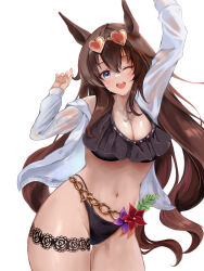 Rule 34 | 1girl, :d, absurdres, animal ears, arms up, bikini, blue eyes, breasts, brown hair, chain, cleavage, commentary request, eyewear on head, frilled bikini, frills, gold chain, hair between eyes, heart, heart-shaped eyewear, highres, horse ears, horse girl, large breasts, long hair, long sleeves, looking at viewer, maruzensky (blasting off summer night) (umamusume), maruzensky (umamusume), navel, open mouth, partial commentary, pink nails, shirt, simple background, smile, solo, sunglasses, swimsuit, thigh gap, thigh strap, umainu 2002, umamusume, upper body, very long hair, wet, wet clothes, wet shirt, white background, white shirt