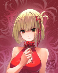 Rule 34 | 1girl, artist logo, bare shoulders, blonde hair, breasts, closed mouth, dress, eladb art, floral background, flower, hair ribbon, highres, holding, holding flower, large breasts, looking at viewer, lycoris recoil, nishikigi chisato, red dress, red eyes, red ribbon, ribbon, short hair, sleeveless, sleeveless dress, smile, spider lily, upper body