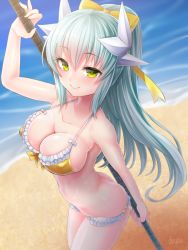 Rule 34 | 1girl, aqua hair, ass, beach, bikini, bow, bow bikini, breasts, butt crack, cleavage, doyouwantto, fate/grand order, fate (series), hair bow, horns, kiyohime (fate), kiyohime (fate/grand order), kiyohime (swimsuit lancer) (fate), kiyohime (swimsuit lancer) (first ascension) (fate), large breasts, long hair, looking at viewer, lowleg, lowleg bikini, polearm, signature, skindentation, smile, solo, swimsuit, tight clothes, undersized clothes, weapon, yellow bikini, yellow bow, yellow eyes