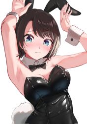 Rule 34 | 1girl, animal ears, aqua eyes, armpits, arms up, black bow, black bowtie, black leotard, blush, bow, bowtie, breasts, brown hair, cleavage, closed mouth, detached collar, fake animal ears, fake tail, highres, hololive, impossible clothes, large breasts, latex, latex leotard, leotard, looking at viewer, medium hair, namakatsu, oozora subaru, parted bangs, playboy bunny, rabbit ears, rabbit tail, shadow, simple background, solo, swept bangs, tail, upper body, virtual youtuber, wavy mouth, white background, wrist cuffs