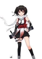 Rule 34 | 10s, 1girl, black hair, black socks, bracer, brown eyes, hair ornament, hand on own hip, highres, holding, image sample, kantai collection, kneehighs, looking at viewer, pleated skirt, scarf, sendai (kancolle), sendai kai ni (kancolle), short hair, single kneehigh, single sock, single thighhigh, skirt, smile, socks, solo, thighhighs, torpedo, wetknight, white background