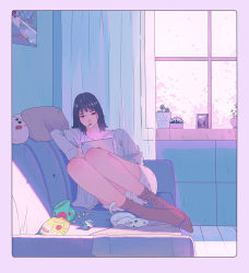 Rule 34 | 1girl, bag of chips, black hair, border, brown socks, candy, couch, curtains, food, grey shirt, indoors, knees up, long sleeves, loungewear, medium hair, morncolour, original, pillow, plant, polka dot, polka dot shorts, poster (object), potted plant, purple border, shirt, shorts, socks, solo, tablet pc, window