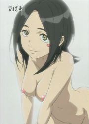 Rule 34 | 1girl, anime screenshot, backlighting, bent over, black hair, breasts, brown eyes, cleavage, eureka seven, eureka seven (series), face, facial mark, female focus, groin, large breasts, leaning forward, long hair, long image, looking at viewer, navel, nipples, nude, nude filter, screencap, simple background, smile, solo, talho yuuki, tall image, tattoo, third-party edit, white background