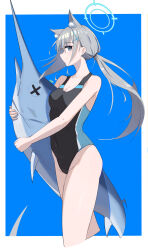 Rule 34 | 1girl, absurdres, animal ears, assault rifle, blue archive, blue eyes, blue halo, breasts, commentary request, cross hair ornament, grey hair, gun, hair ornament, halo, happy05x, highres, low ponytail, medium breasts, multicolored clothes, multicolored swimsuit, official alternate costume, one-piece swimsuit, outside border, rifle, shiroko (blue archive), shiroko (swimsuit) (blue archive), sig sauer 556, solo, swimsuit, two-tone swimsuit, weapon, wolf ears